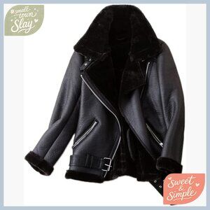 Faux Shearling Moto Jacket Winter Coat Medium Loose Fit Zipper Pockets